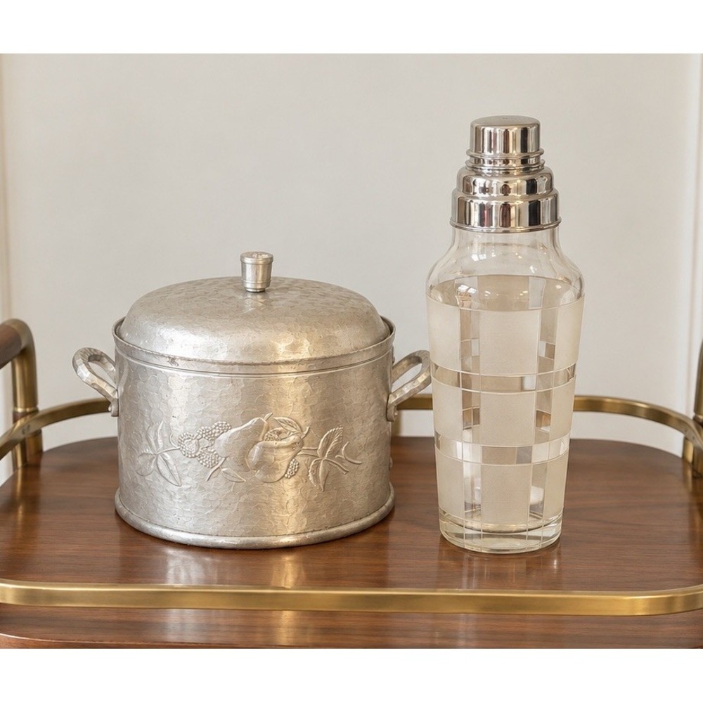 VTG Everlast Forged Aluminum Ice Bucket Fruit Motif & Cocktail Shaker Retro MCM